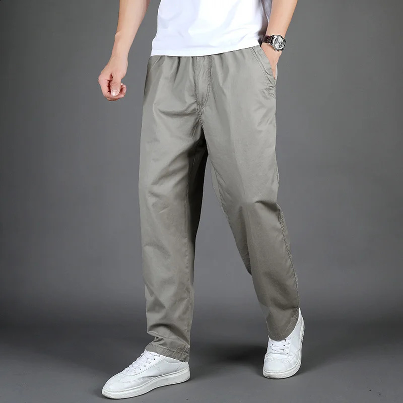 spring and summer mens casual pants loose large size straight elastic waist cotton solid color simple work 250311