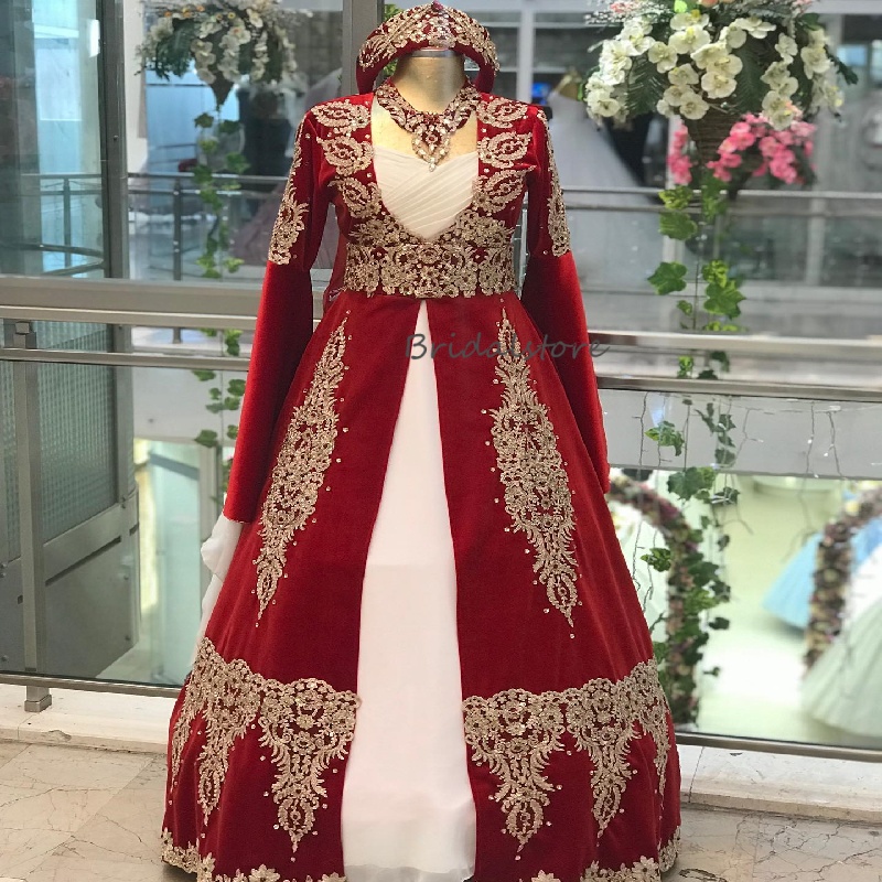 Traditional Red Turkish Wedding Dress Ottoman Style Caftan Moroocan Bride Dress Applique Lace Muslim Bridal Gown 2025 Vestido De Noiva Casamento Dubai