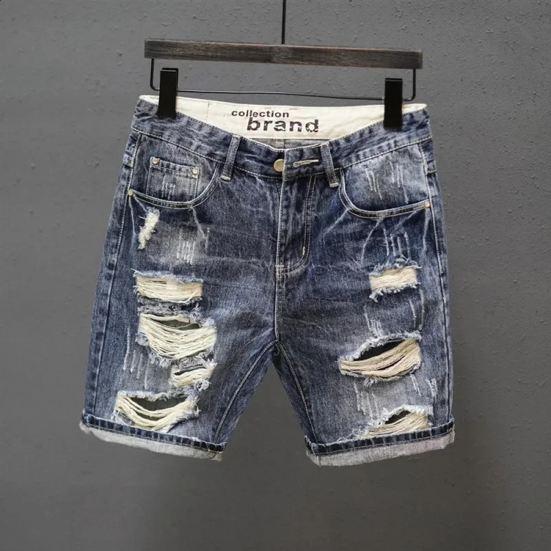 Vintage Japanese Style Mens Denim Shorts Casual Trendy Straight Leg Mid Waist Summer ed Five Piece 250317