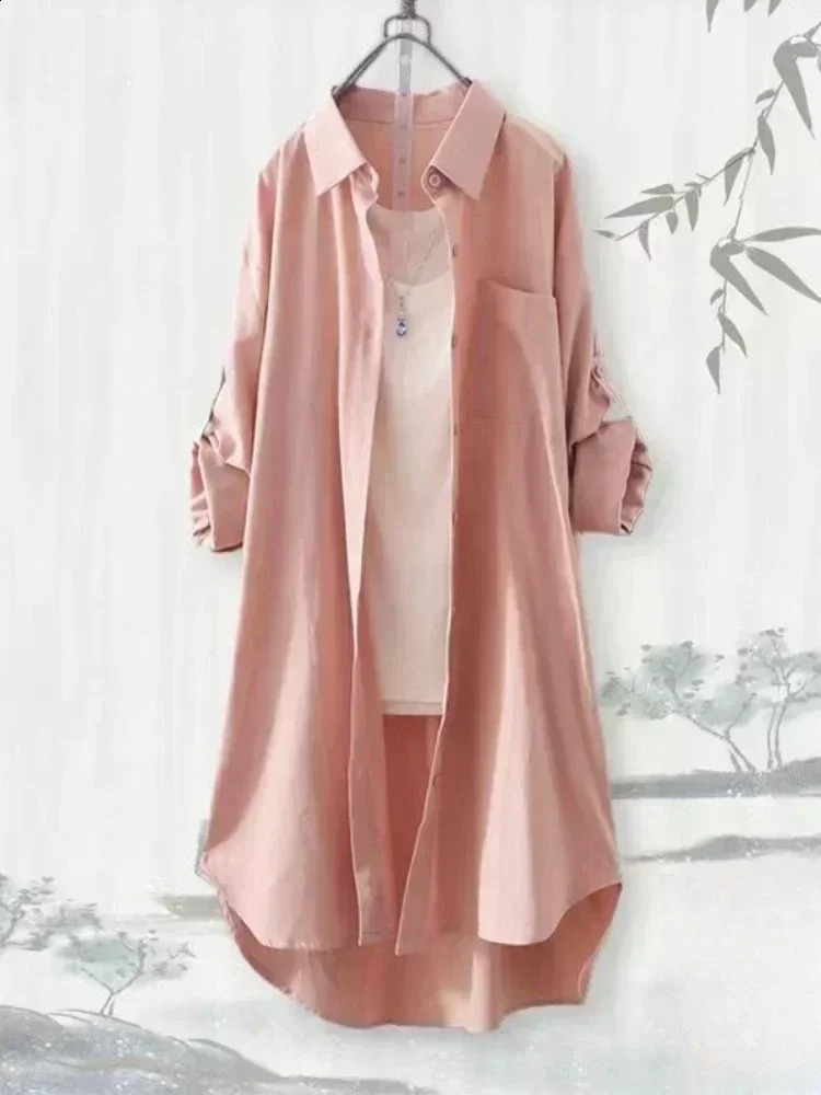 Plus Size Loose Breathable Blouses Midi Shirt Korean Casual Autumn Simple Solid Female Long Sleeved Shirts 250312