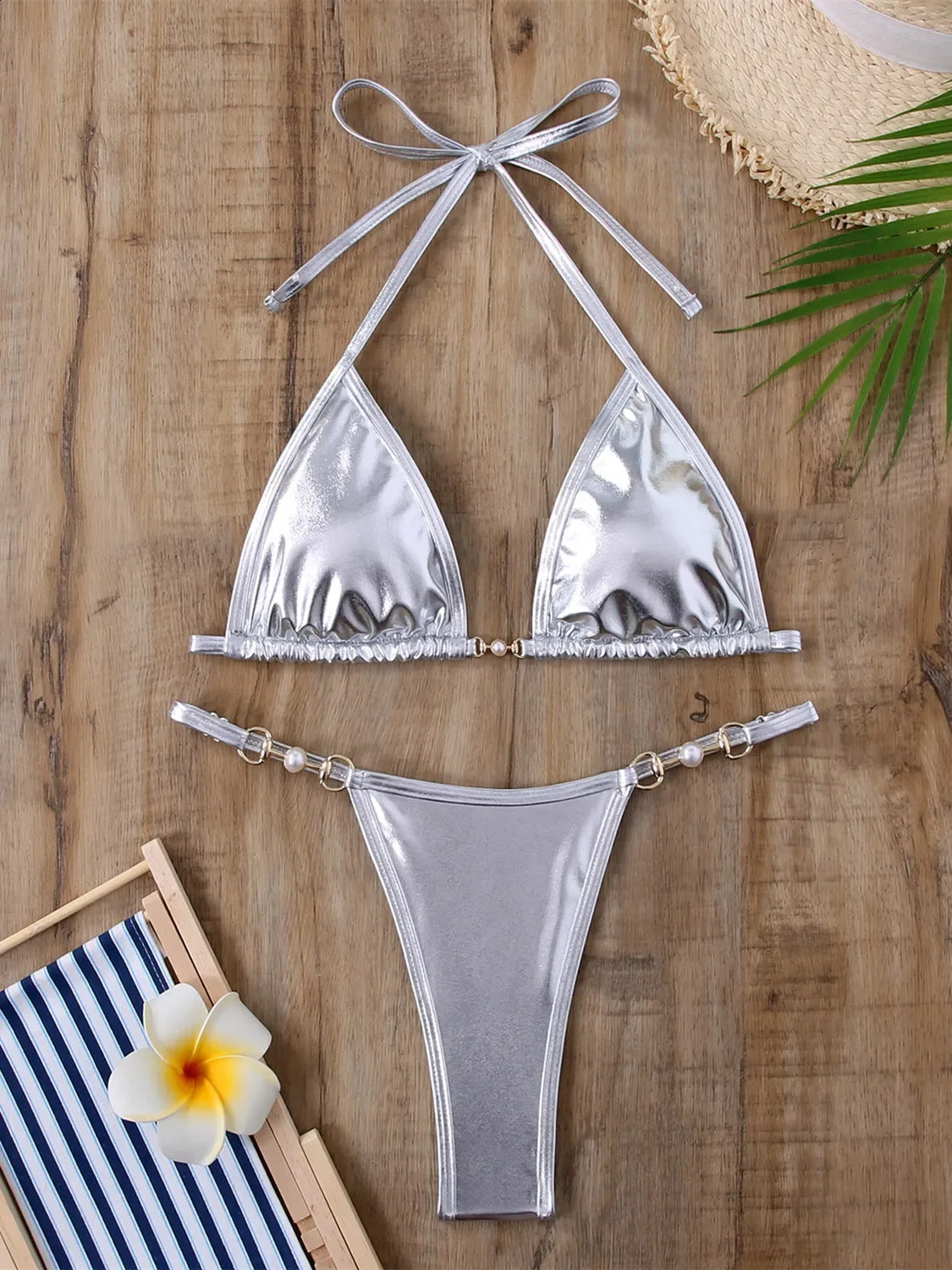 Sexy Micro Bikini Swimsuit Women Brazilian Brozing Solid Red Silver Push Up Pearl Thong Swimwear Bathing Suit Bikinis Set 250318