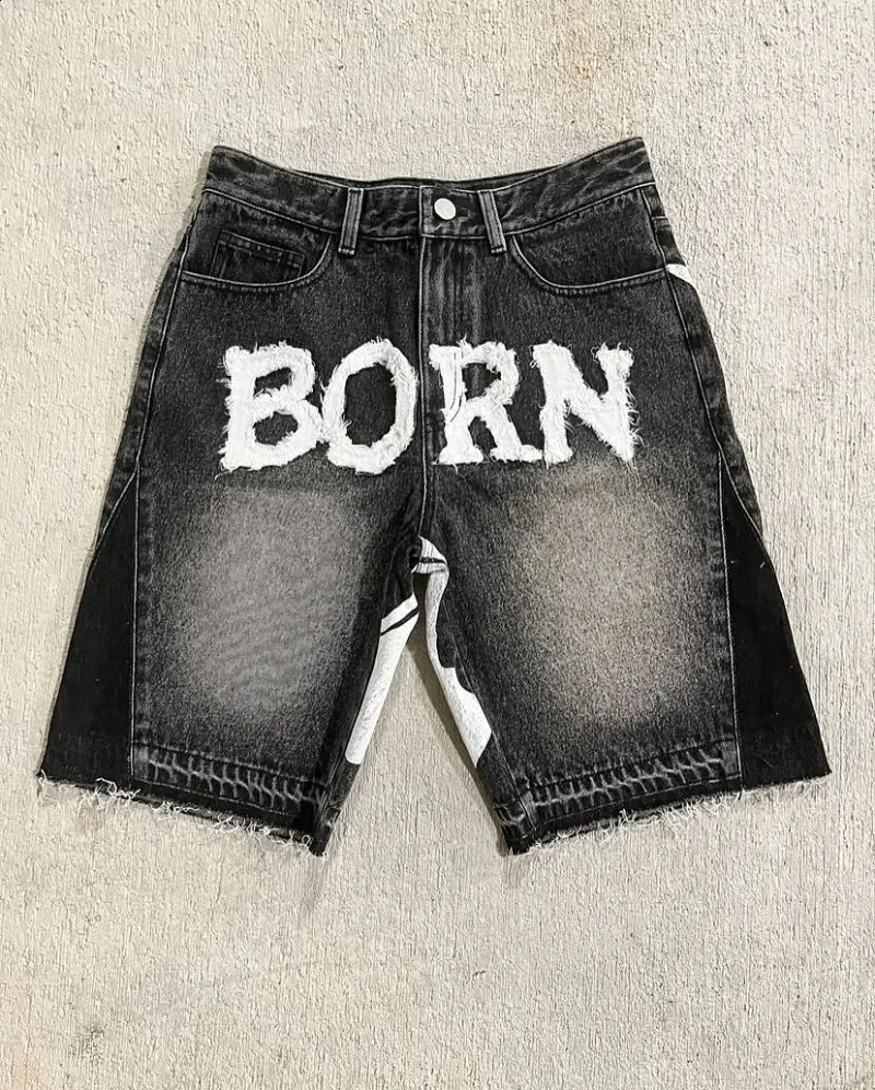American Fashion Letters Flocking Oversized Printed Baggy Denim Shorts Men Y2K Harajuku Vintage Hip Hop Pop Wide-leg Shorts 250319