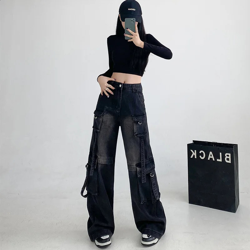 Wxw2225 Street Clothing Hip Hop Jeans Womens Multi Pocket Denim Long Leg Wide Loose High Waist Commodity Spring 250317