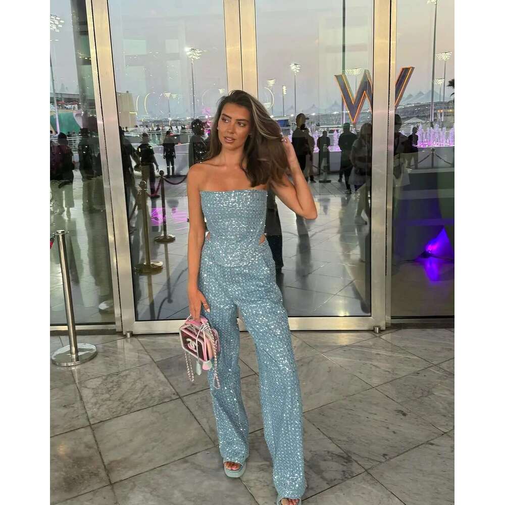 hoodie Tight Dress Fashion Sequins Denim Set Women Strapless Tunic Waist Crop Top And Wide Leg Pant Suit New 2 Piece Sets Outfits Tracksuit jacket