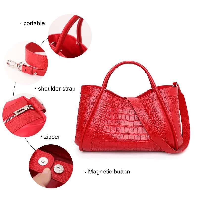Aidrani Fashion Genuine Leather Women's Handbag Red Crocodile Pattern Large Capacity Commuting Multi Functional Cowhide One Shou