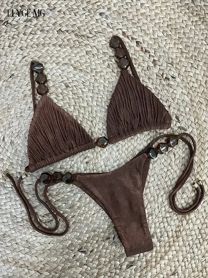 Casual Bikini Set Women Beading Wrinkles Lace up Beach V-neck Sets Female Bohemian Holiday Stylish Suits Lady Vocation Sexy 250319