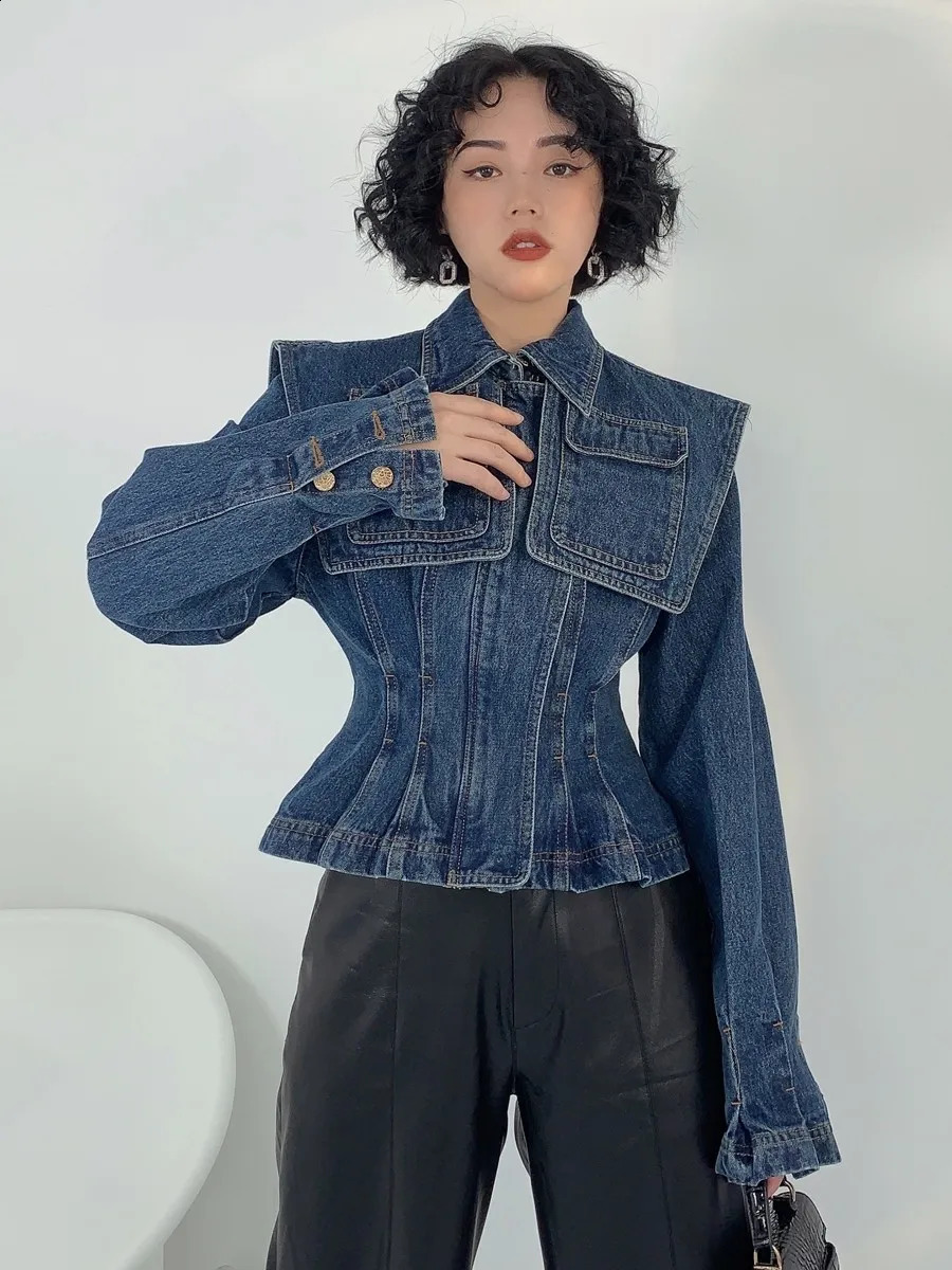 Getspring Womens Denim Jacket Retro Large Pocket Decoration High Waist Short Coat Fashion Full Set Autumn Top 250319