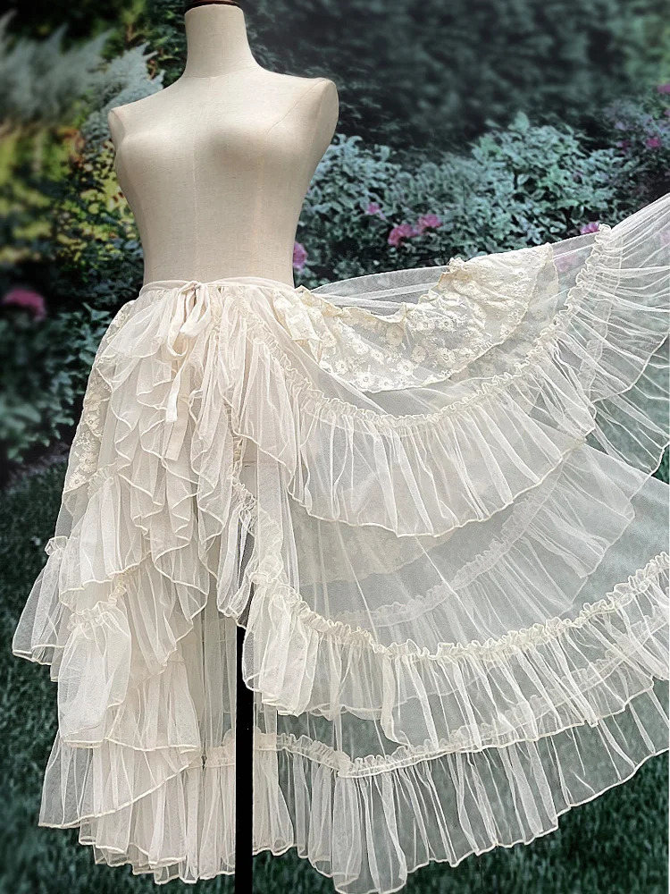 Gothic Lolita Lace Mesh Ruffles Fairy Princess Party Skirt Women Asymmetrical Cute Curtain Sheer Cover Up Thin Long Skirt White 250313