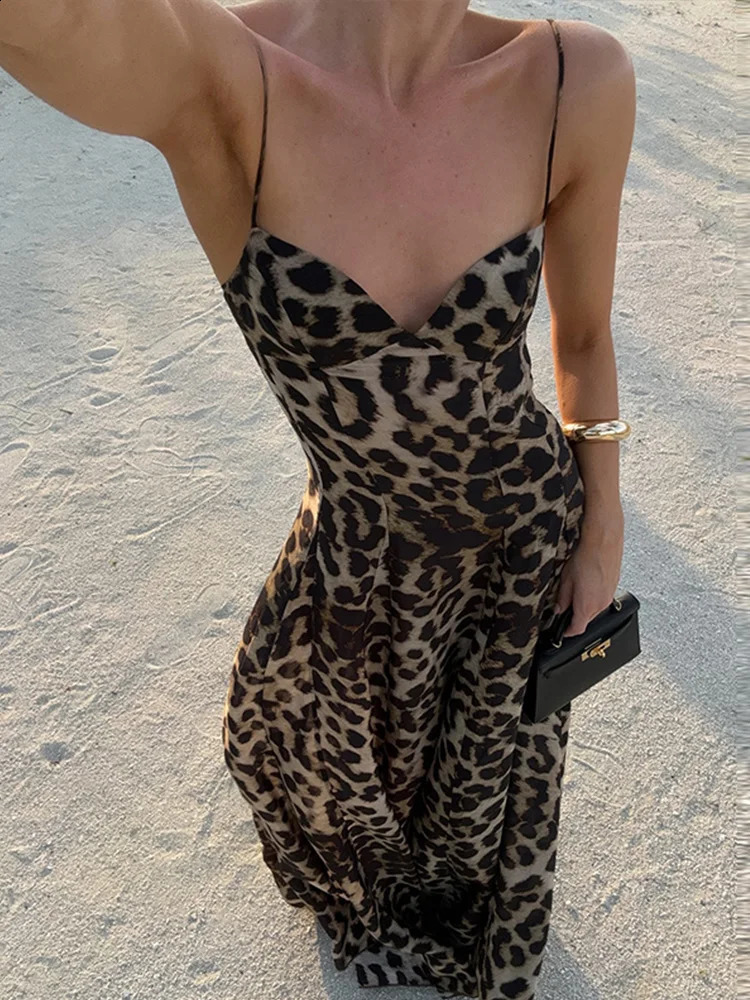 Elegant Leopard Slip A-line Long Dress Women Y2K Backless Tube Tops Floor-length Beach Vacation Robes 2025 Summer Lady Dresses 250319