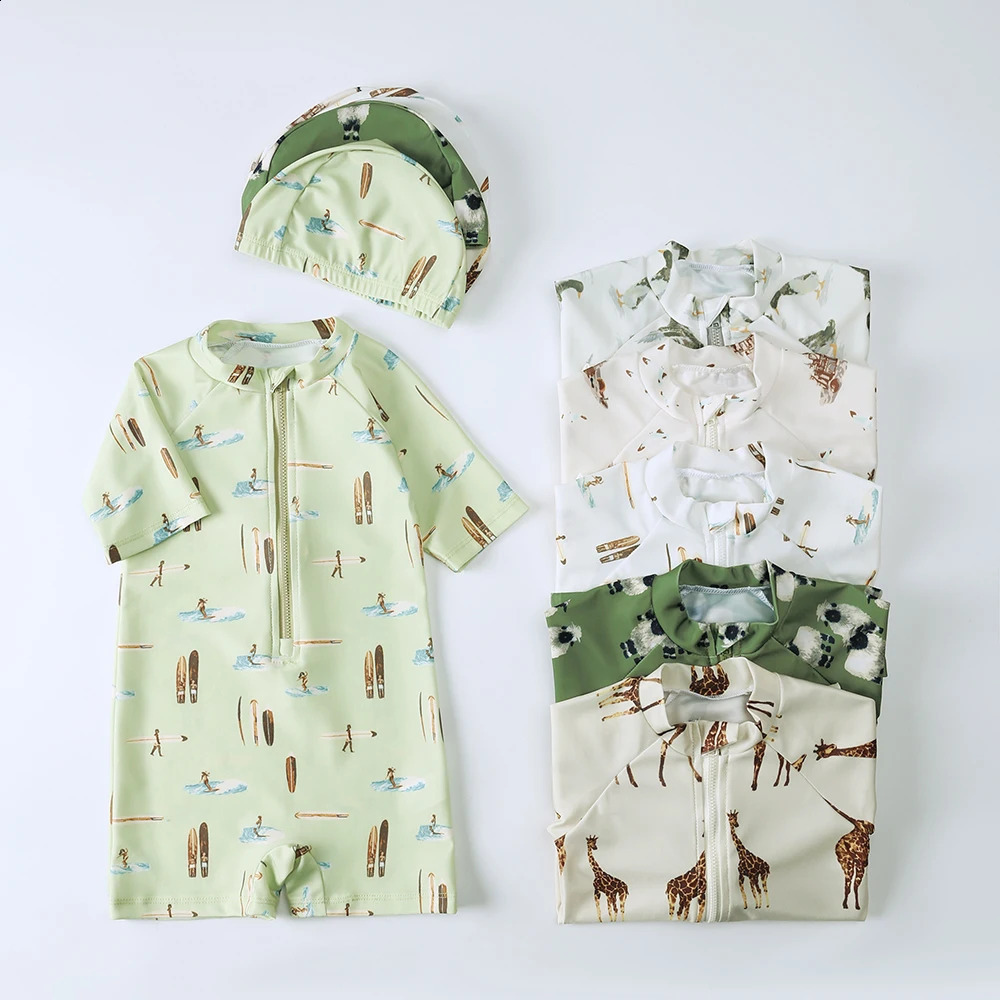 2025 Summer Kids Boys Girls Swimsuits Clothes Vacation Beach Onesie with Hat Toddler Sun-proof Swimwear Sets Surfing Swim Suit 250319