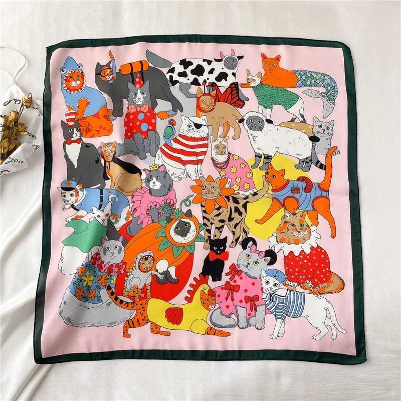 2023 Silk Shawl Print Scarf Cat Hair Wrap Neckerchief Fem Satin Square Scarf For Wen band Foard Hijab Bandana X250319