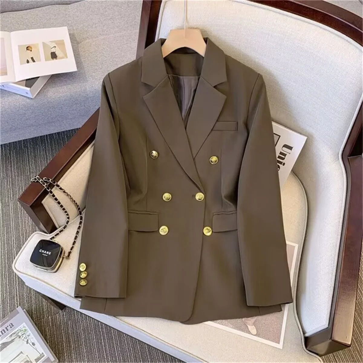 Womens fashionable warm jacket long sleeved double chest ultrathin autumn spring suit office womens casual 250319