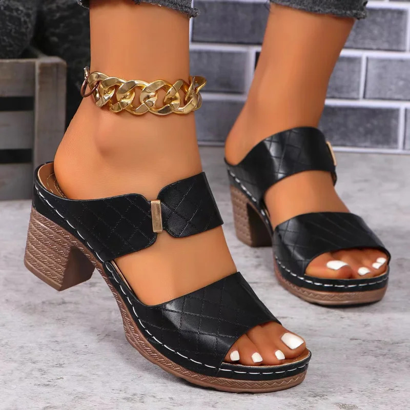 Women Summer Lightweight Hollow Sandals High Heels Dress Chunky Open Toe Slippers Female 2024 Casual Slingback Slides Shoes 250317