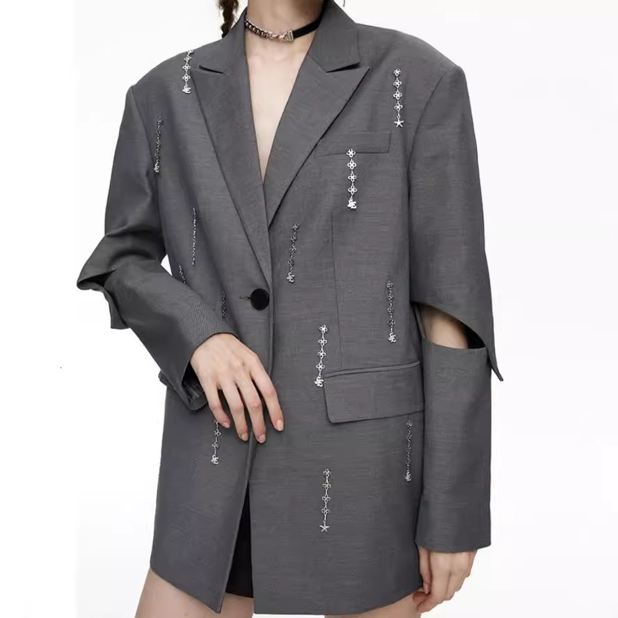 Designer Hollow Out Blazer For Women Notched Collar Dias Spliced Single Breasted Coat Fashion New 32C921