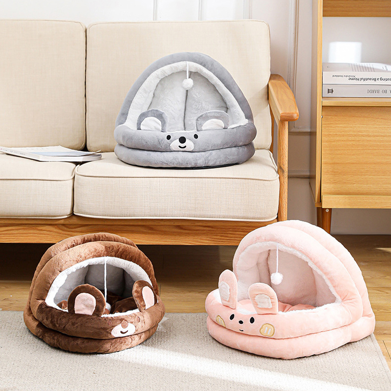 Cat Plush Supplies Cute Nest Cartoon Dog Mat Household Seasonal Semi Closed Pet Bed - view 1