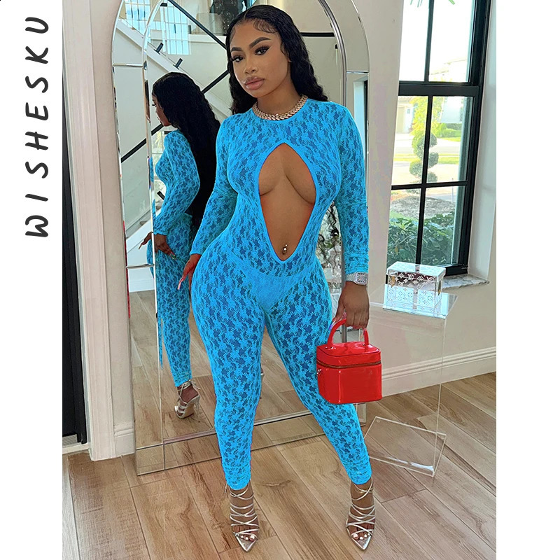 Sexy Mesh See Through Hollow Out Jumpsuits Women Long Sleeve Backless Pencil Pants Outfits Spring Fall Harajuku Y2K Clothes 250319