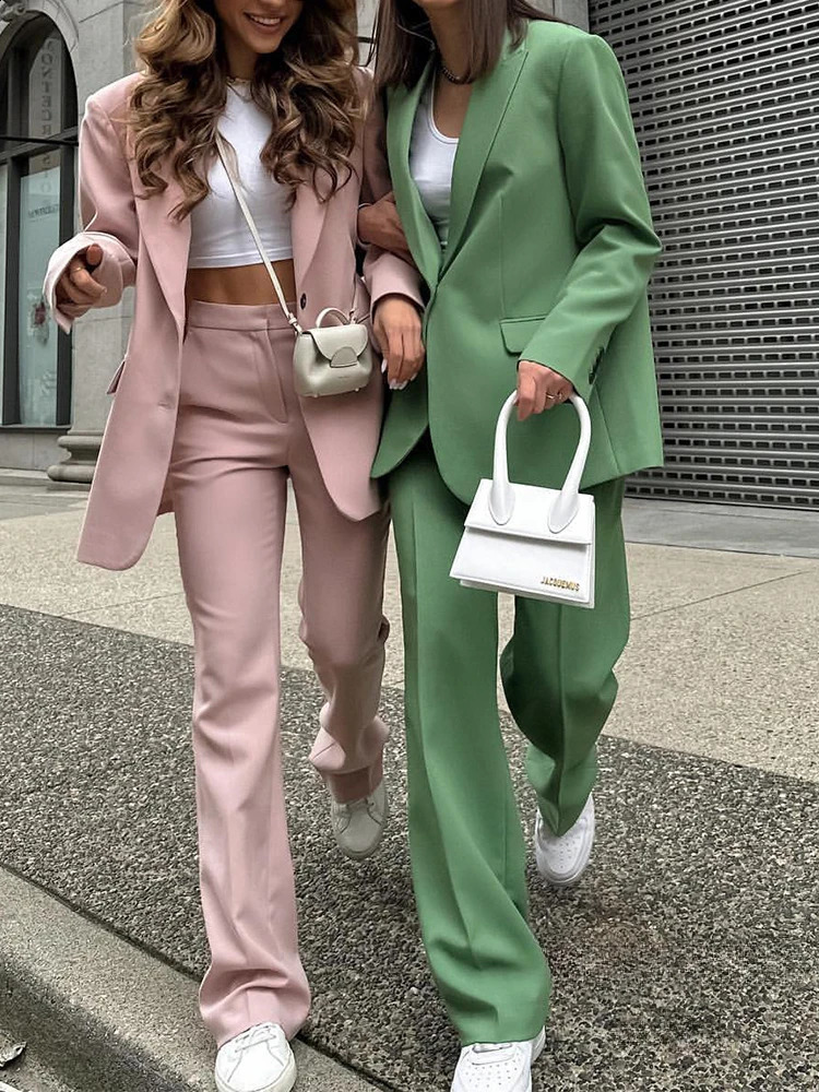 Fashion Office Lady Solid Women Suits Two Piece Elegant Lapel Long Sleeves Outfits Casual Daily Pants Sets BlazerPants 250311