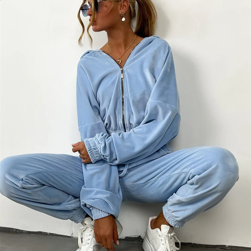 Womens Fall and Winter fashion set zipper hoodie Drawstring Tracksuit Trouser Solid color Two-piece set 250319