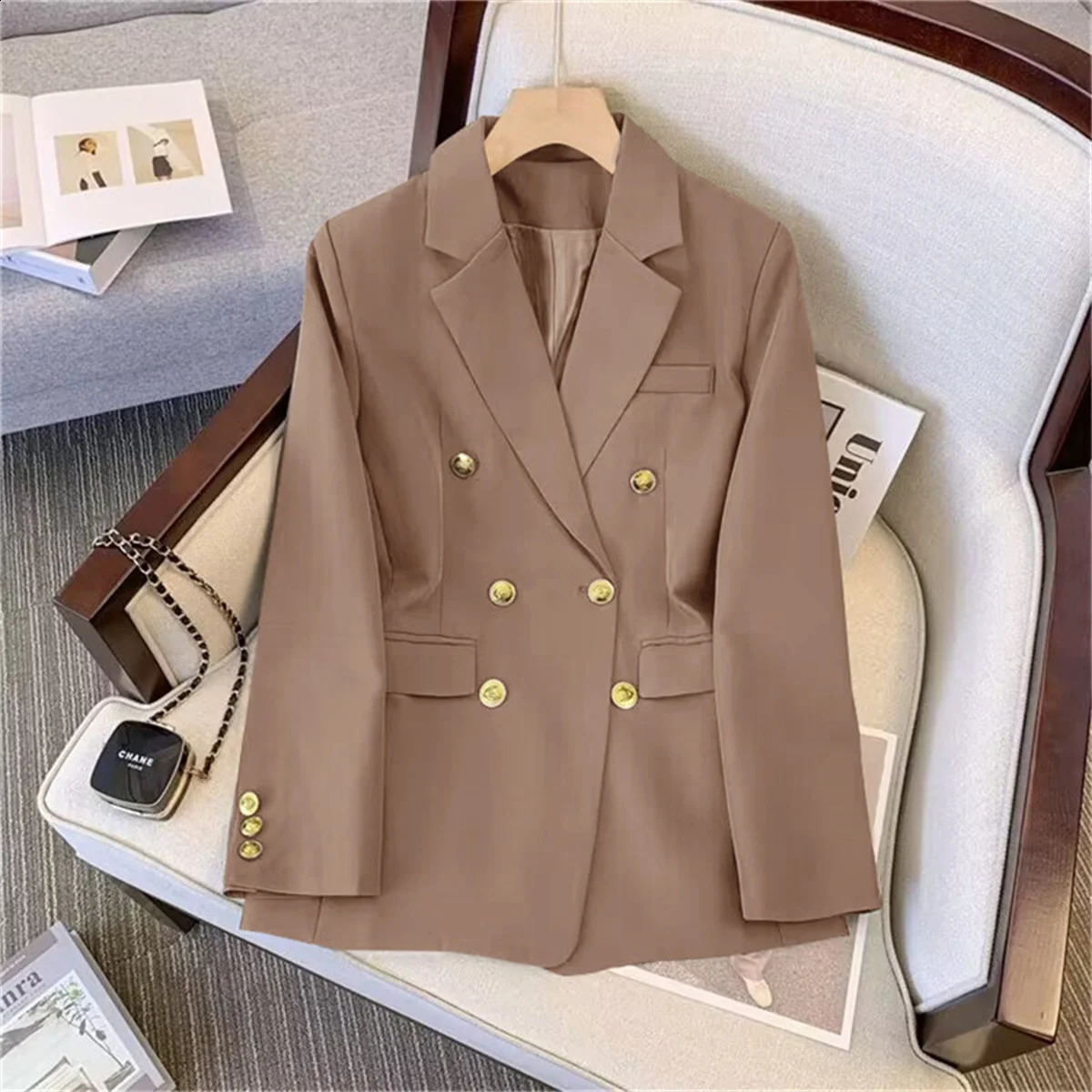 Womens fashionable warm jacket long sleeved double chest ultrathin autumn spring suit office womens casual 250319