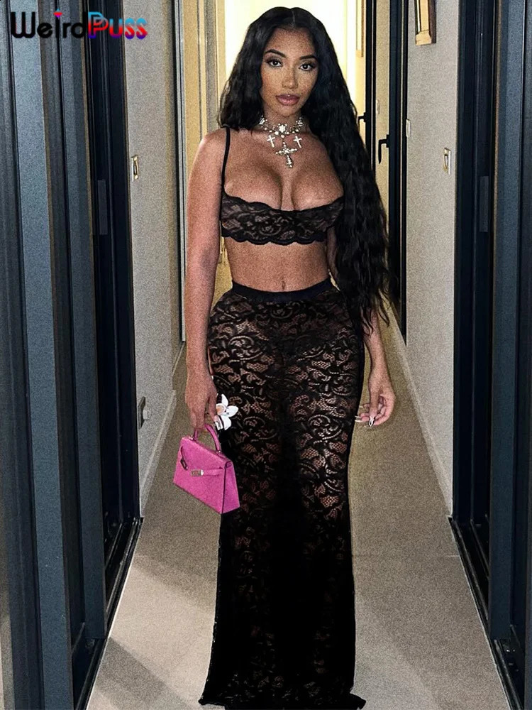 Weird Puss Sexy Mesh 2 Piece Set Women Hipster Midnight Summer Trend Mini CamisoleSkirts Stretch Nightclub Party Matching Suits 250319