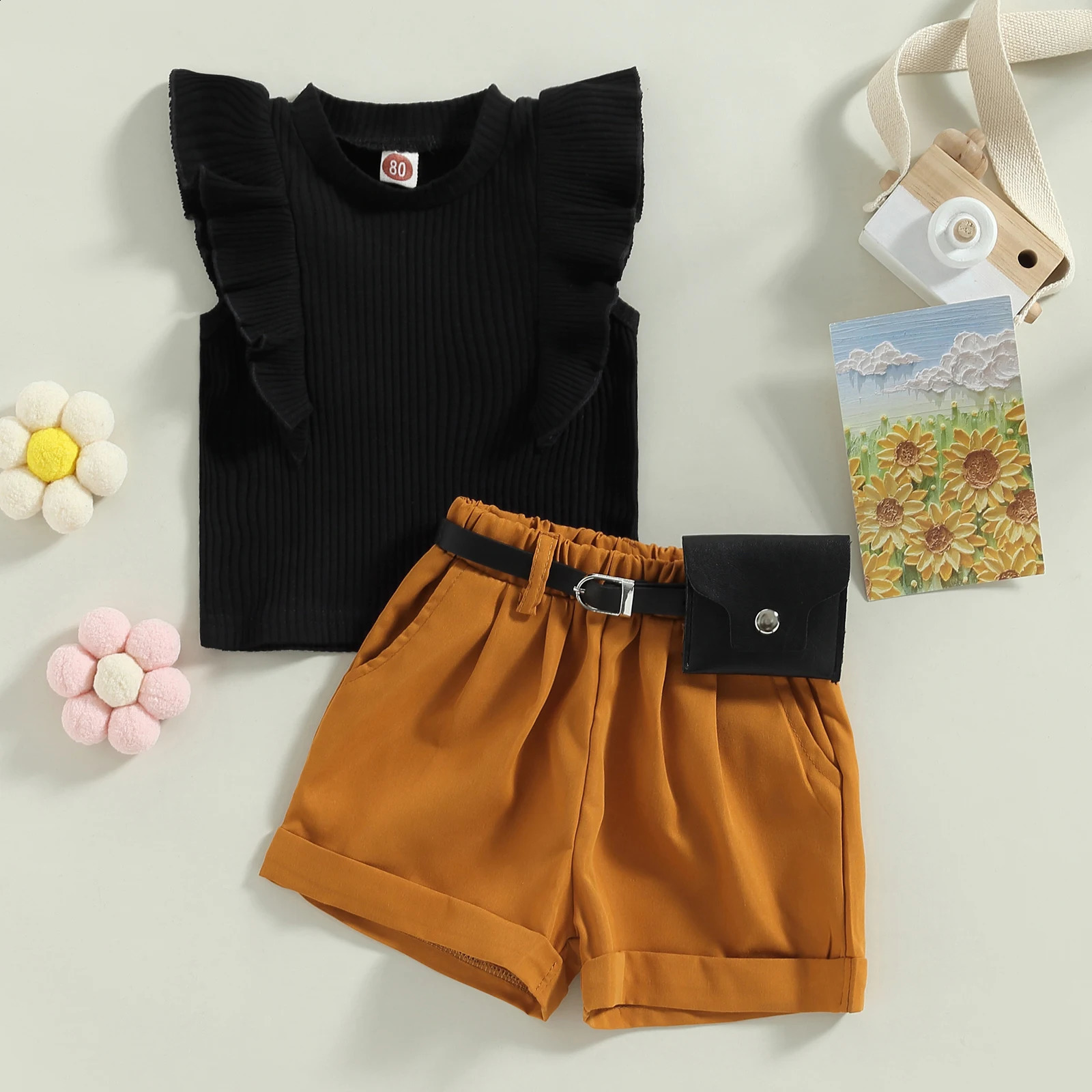 Children infants girls summer clothing flight sleeves ribbed tank tops and elastic casual shorts with belt set 9M4T 250312