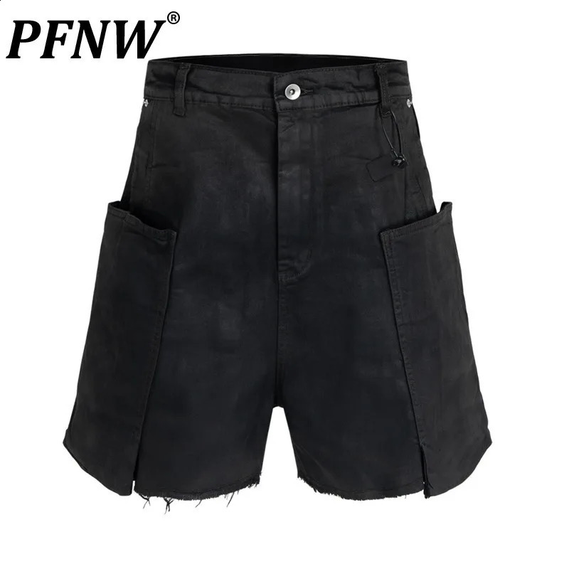 PFNW American retro thick edged denim shorts with worn mouse effect wax groove n black knee length pants 2025 28W6074 250319
