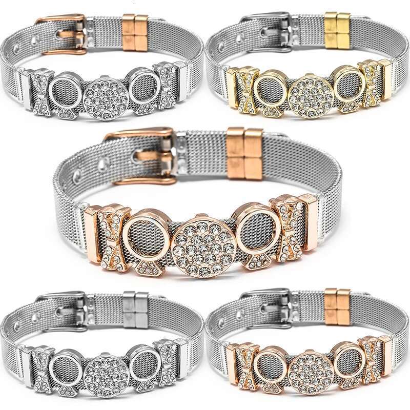 New Fashion 10mm Stainless Steel Mesh Bracelets Crystal Bowknot Beads Charm Keeper Bracelets Bangles For Women Men Jewelry Gift