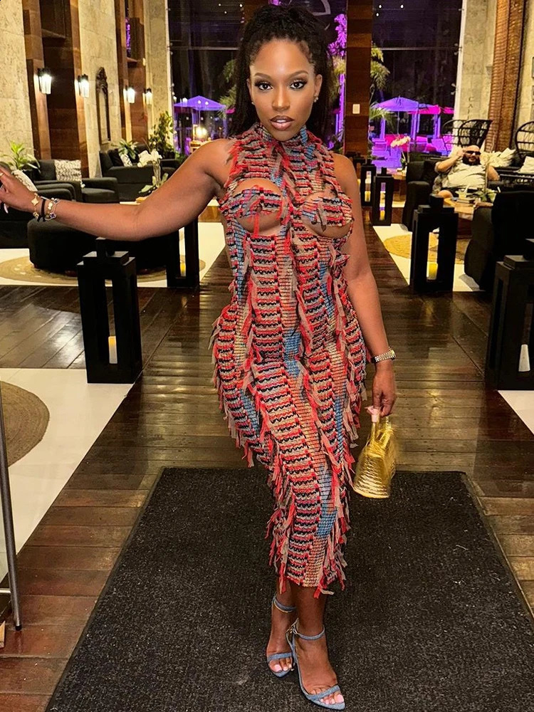 Weird Puss Sexy Hollow Dress Women Knit Colorful Tassel Backless Y2k Summer Trend Stretch Sleeveless Elastic Bodycon Clubwear 250319