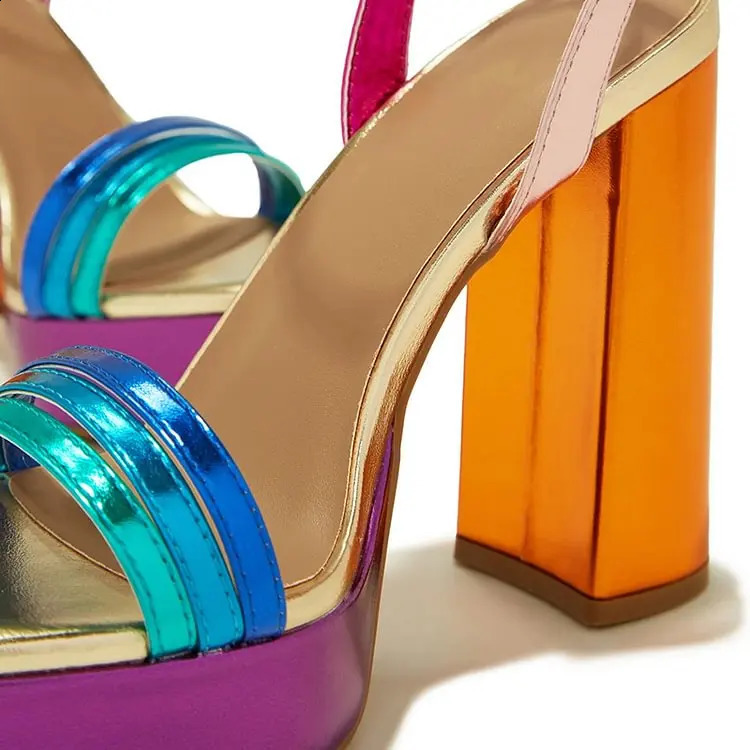 Multicolor Platform Sandals Women Square Toe Chunky Heel Ankle Strap Shoes Slingback Buckle Hollow Summer Sexy Casual Shoes 250314