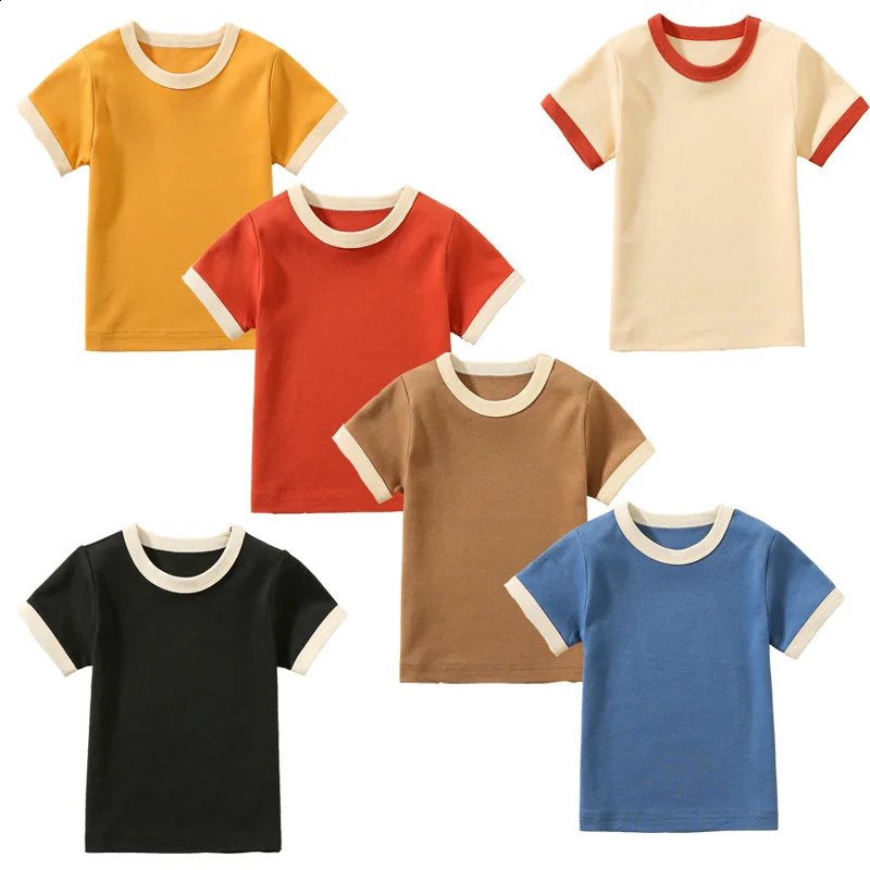 100% Cotton Small Children Summer Short Sleeve T shirt Boys Girls Color Matching Soft Comfy Tops Tees Kids T-shirts Casual 250319