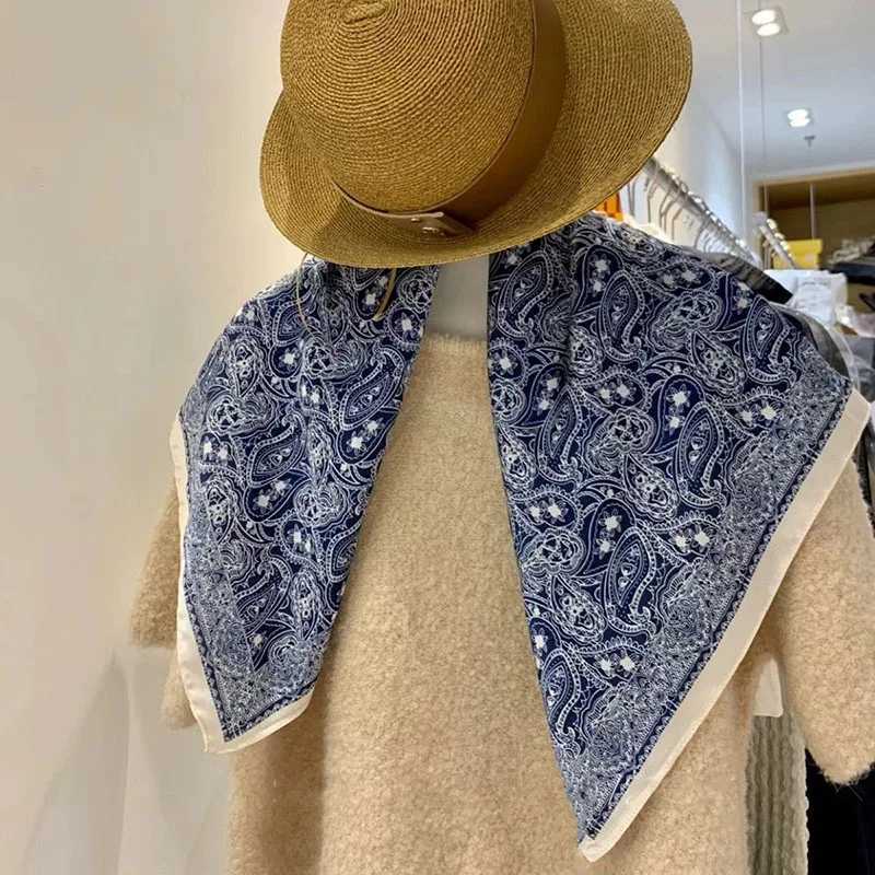 Square Scarf 70cm navy blue waist flower print silk gauze collar tie bag ribbon headscarf womens collar scarf gift X250319
