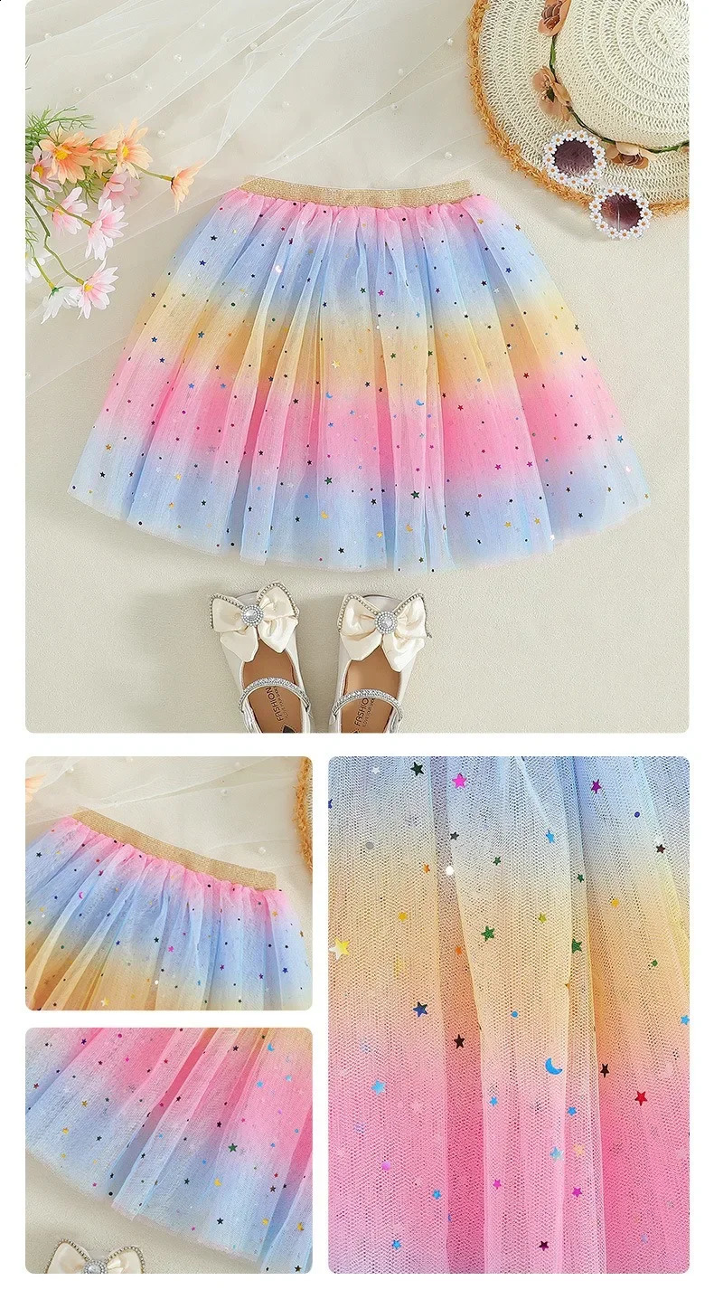 2025 Girls Tulle Star Short Rainbow Tutu Skirt Children Fancy Ballet Dancewear Party Costume Ball Gown Kids Mini Skirt 2-8Y 250319
