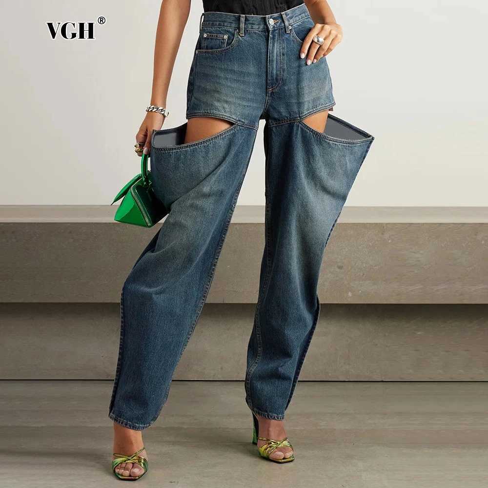 VGH Streetwear Womens Hollow Jeans High Waist Retro Casual Loose Straight Leg Jeans Womens Fashion ClothingT250319
