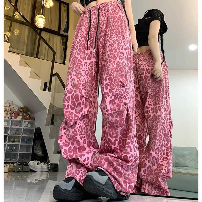 Womens American streetwear bag Y2k jeans girl retro Harajuku Trouser womens red leopard print Japanese 2000s wide leg pantsT250319