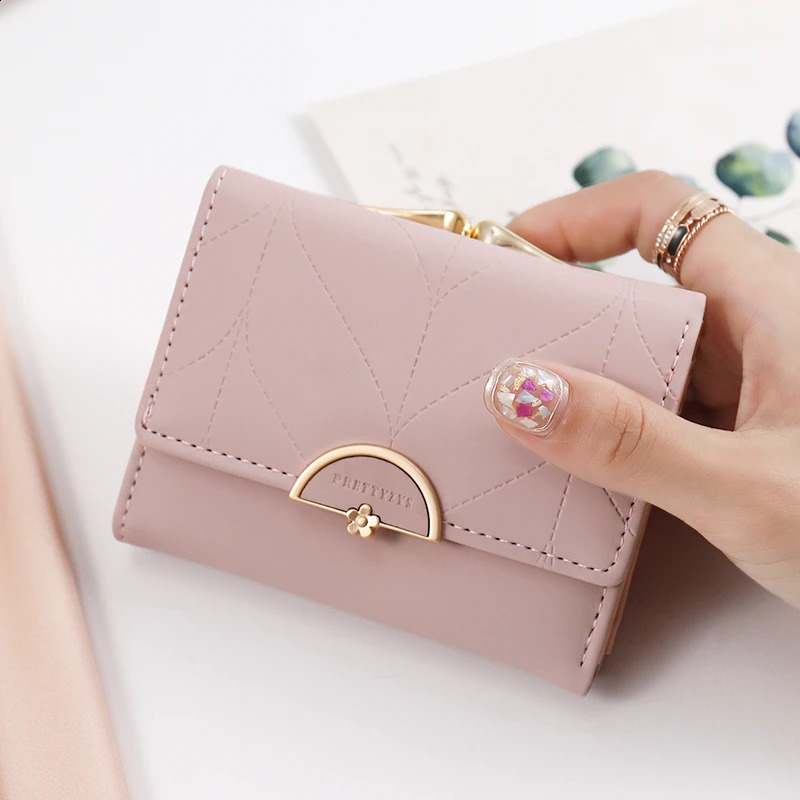 024 Womens Summer Womens Short Wallet Japanese and Korean PU Leather Hard Buckle Three Fold Bag High Texture Multi C 250318