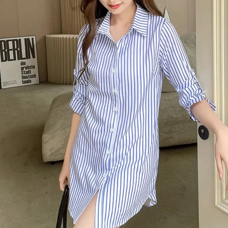 Plus size womens striped shirt and loose long sleeved top Korean fashion casual office ladies matching elegant 250319
