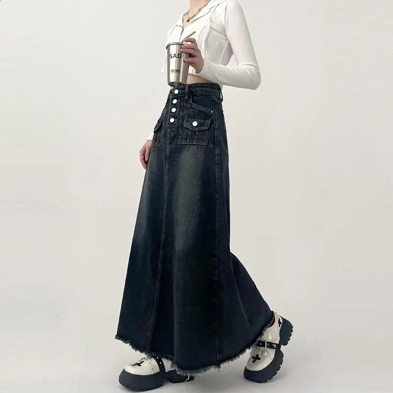High-waisted Cargo Denim Skirt Womens Autumn Long A-line Mid-length Skirt Retro Raw Edge Y2k Female Clothing Korean Style 250319