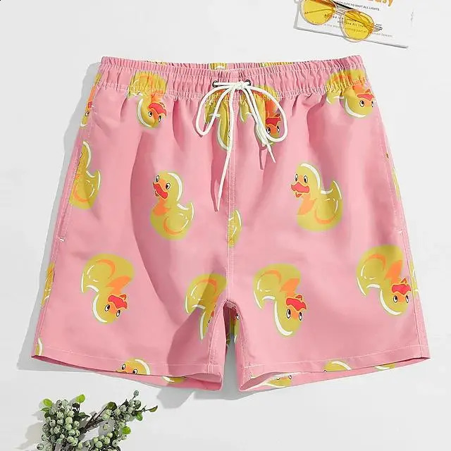Mens board shorts swimming relay summer beach print graphic flamingo yellow duck comfortable breathable 250319