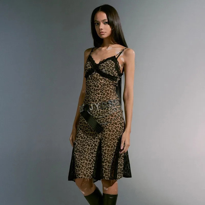 Karrcat Grunge Aesthetics Leopard Print Dress Trashy Y2k Spaghetti Strap Midi Dress Vintage 2000s Punk Party Lace Dress American 250319