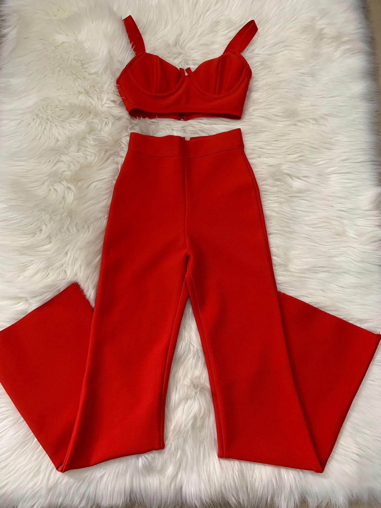 Women Arrival Sexy Low cut Strap Bra TopHigh Waist Flare Pants Two Piece Bandage Set Elgant Fashion Party Wear Vintage 250319