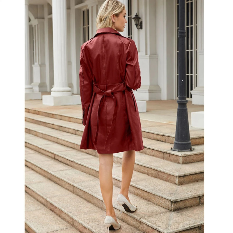 Red Long Waist Laceup Leather Jacket Womens Longsleeved Lapel PU Windbreaker Fashion Female Singlebreasted Overcoat 250319