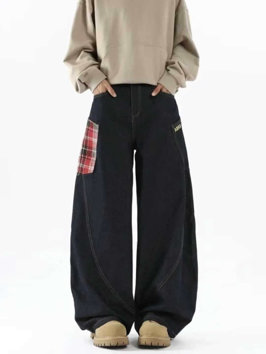 New American Style Splicing Plaid Washed Cargo Pants Women Retro Wide Leg High Waisted Baggy Jeans Women Hip Hop Denim PantsT250319