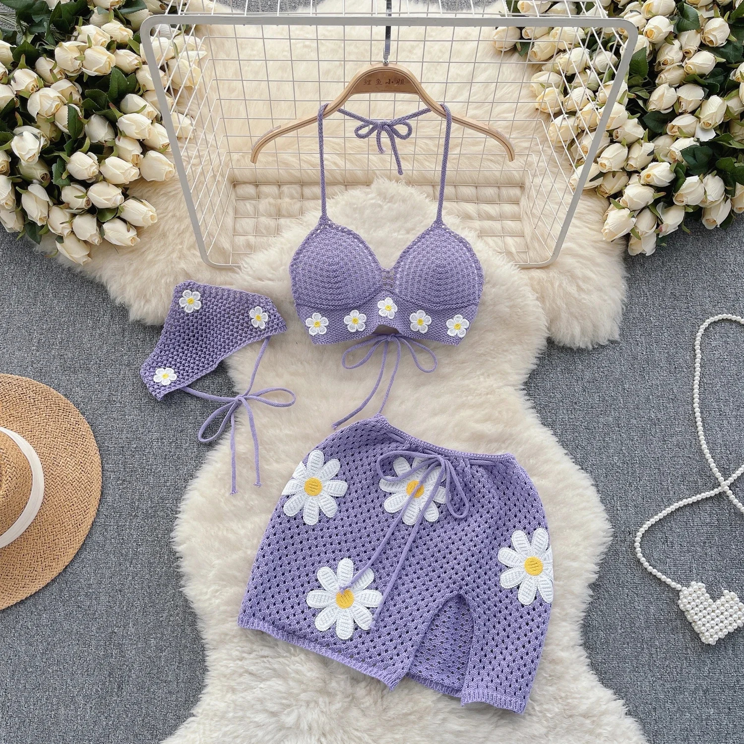 Summer Hollow Knitted Set Womens Strap Lace Bow WaistDrawstring Split Mini Skirt Two Piece 250318