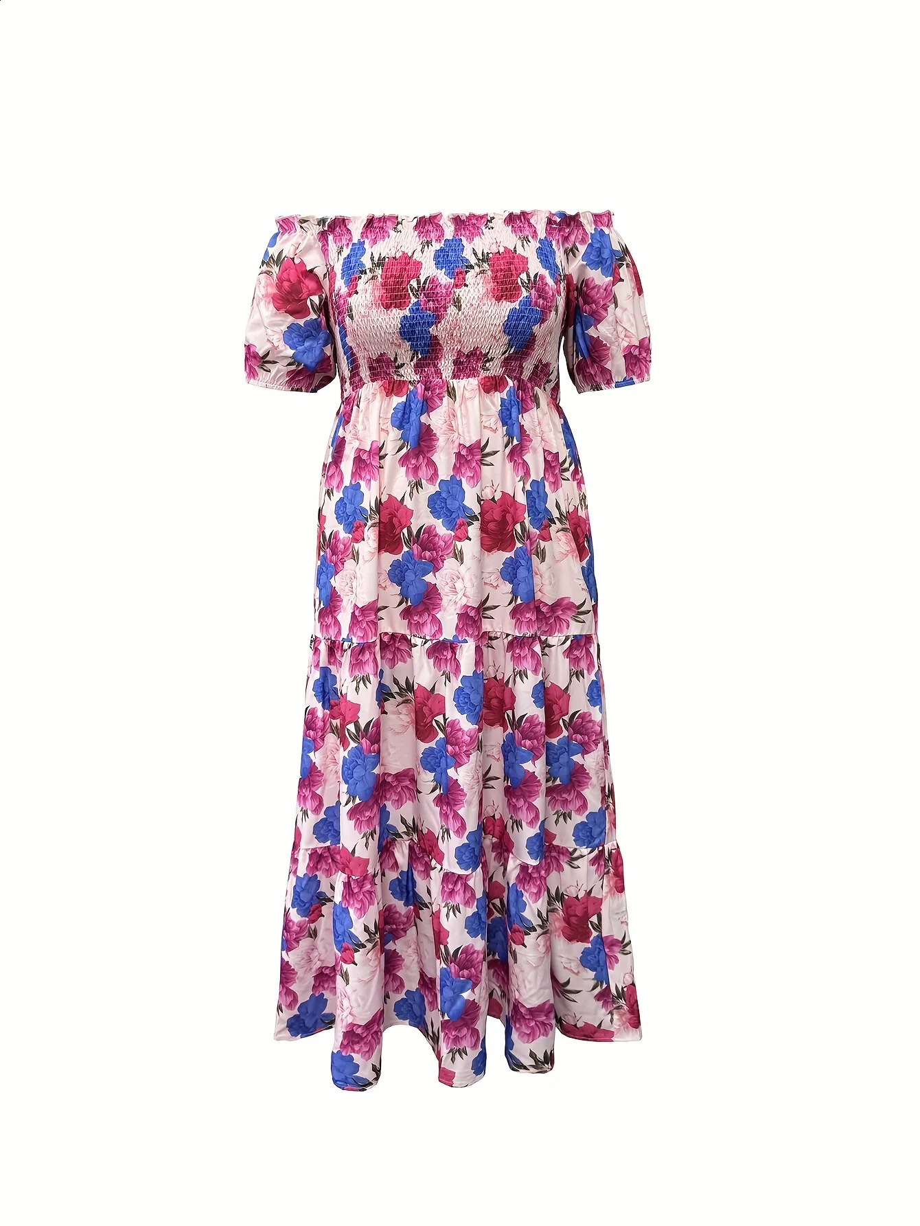 An elegant and fashionable printed single shoulder long dress in plus size for spring summer especially suitable outdoor gatherings 250319
