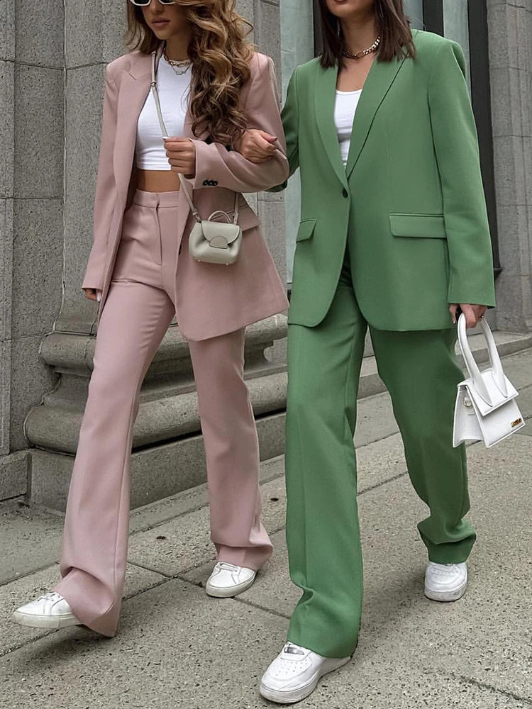 Fashion Office Lady Solid Women Suits Two Piece Elegant Lapel Long Sleeves Outfits Casual Daily Pants Sets BlazerPants 250311