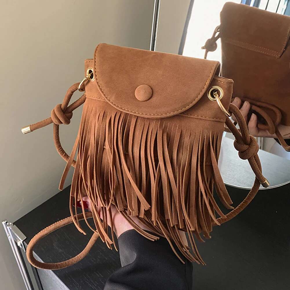 Fringe Design Messenger With Adjustable Strap Everyday Trendy Leather Shoulder Bag Tassel Solid Color Versatile