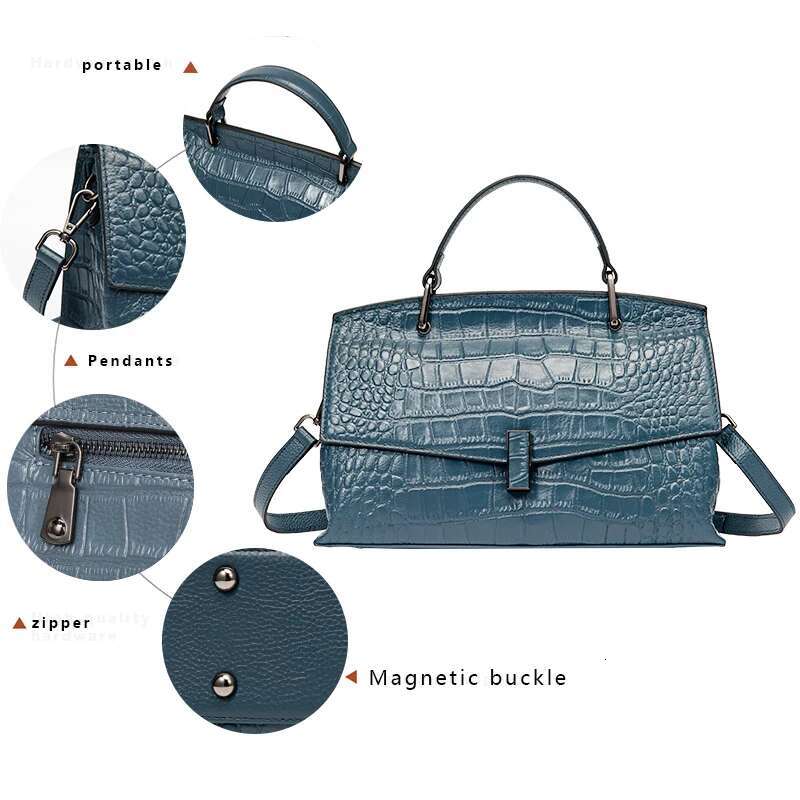 Light Crocodile Pattern Women's Handbag Fashionable And Versatile Mist Blue Cowhide Single Shoulder Crossbody Bag