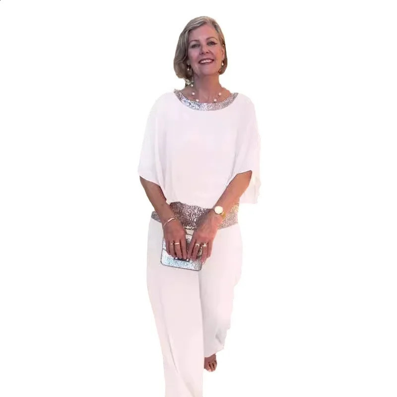 Womens twopiece pants set solid color elegant sequin patchwork top batwing sleeves wide leg high waist loose summer 2024 250319