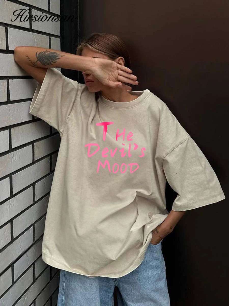 Hirsionsan Acid Washed T Shirt Women Vintage Cotton T-shirts Streetwear Soft Mineral Tees Girl Loose Letter Print Tops Y2k 250319