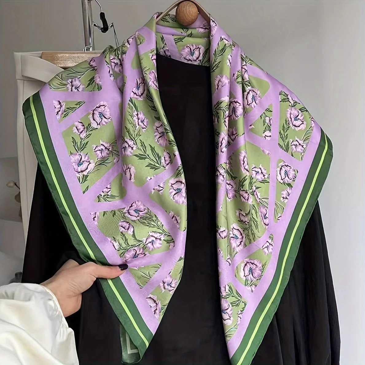 Green printed square scarf elegant satin decorative neck scarf for spring and summer sun protection and windproof scarves X250319